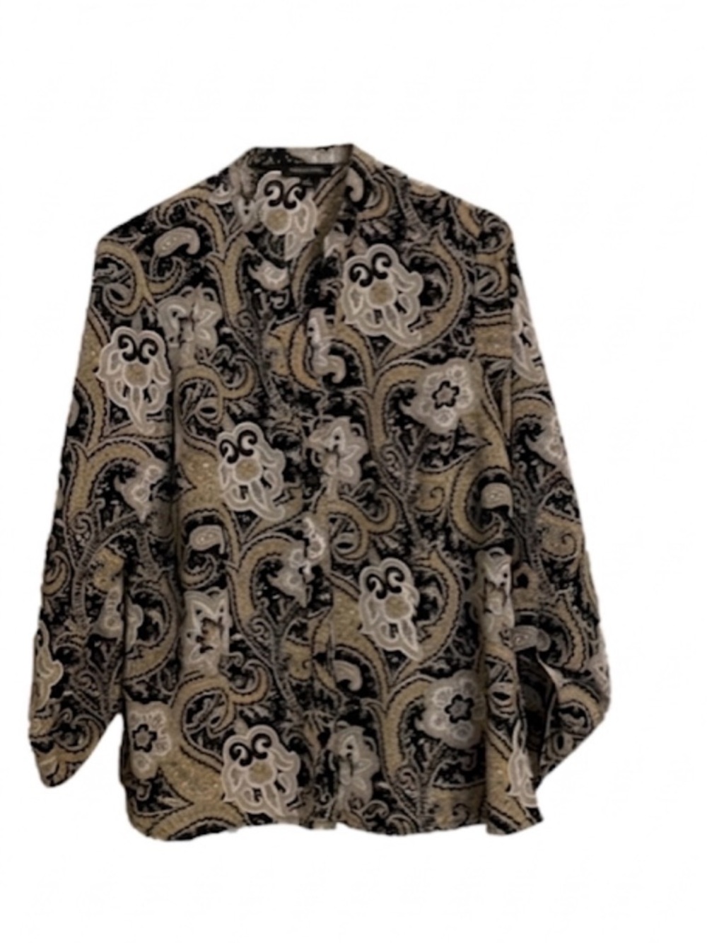 NOTATIONS Paisley Button Front Blouse, Women’s M, Black White Tan